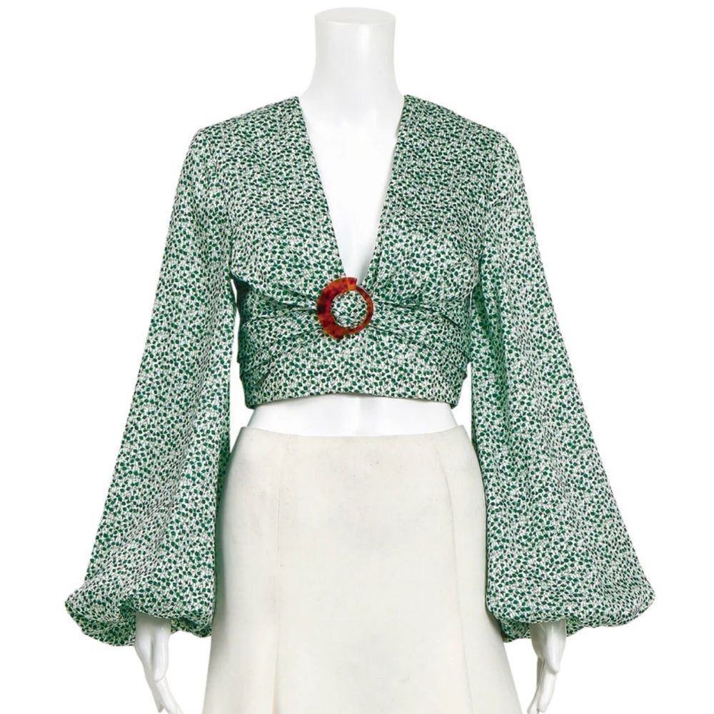 Significant Other Green Leaf Print V-neck Crop Long Sleeve Open Back Top 4